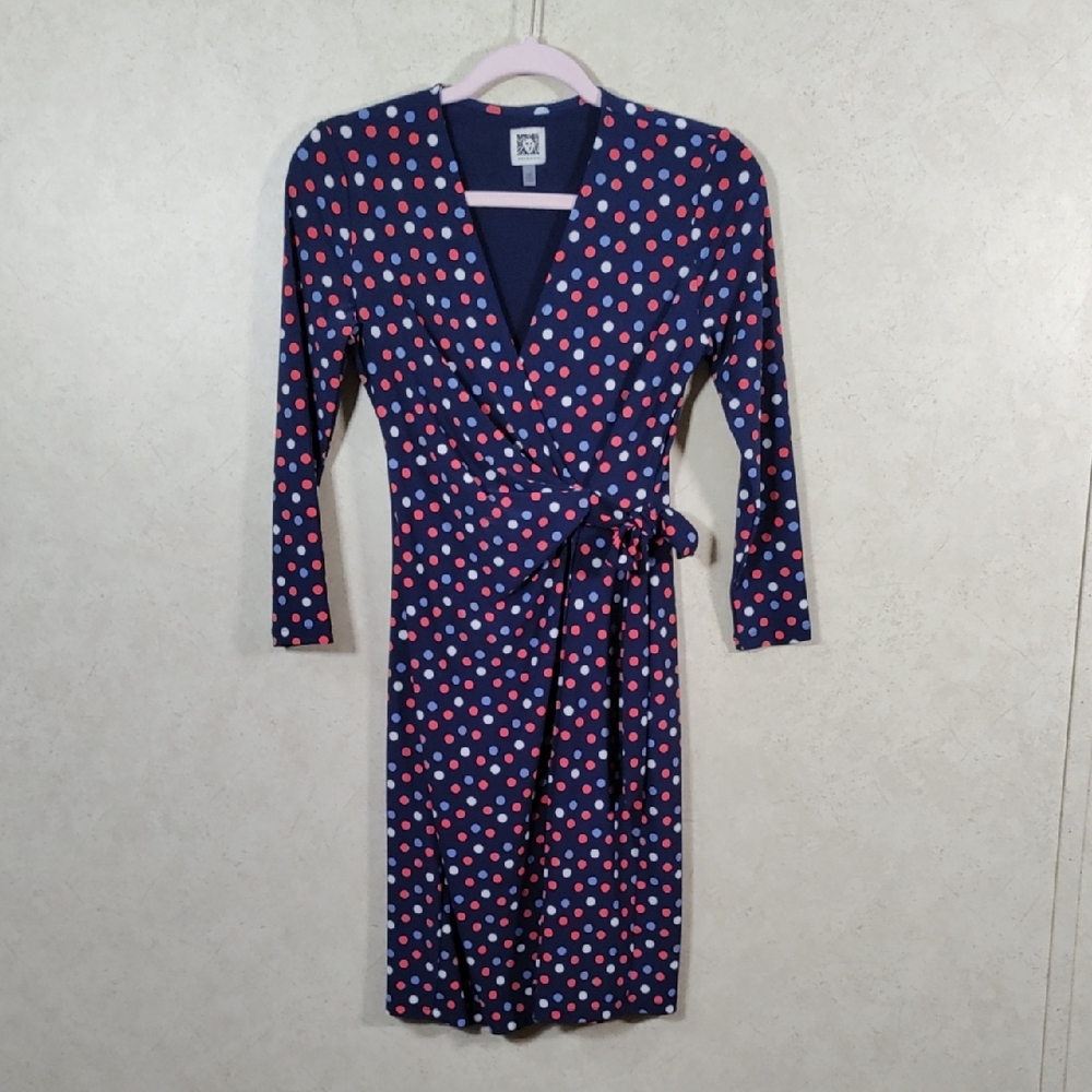 H177 Anne Klein red, white & blue polka dot faux wrap knit dress XXS